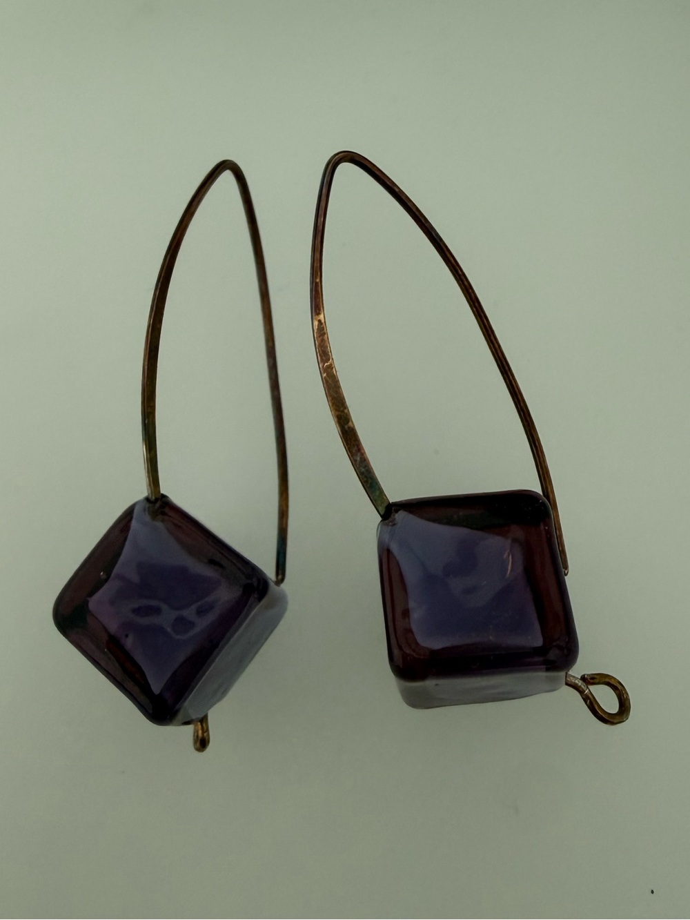 Murano Purple Glass Cube Drop Earrings with Antique-Finish Hooks